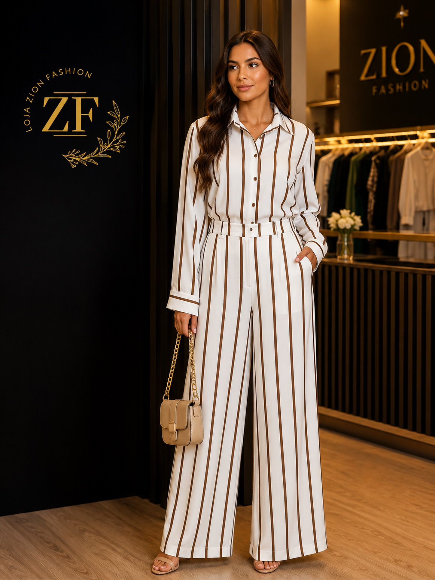 Modelo em loja Zion Fashion com conjunto exclusivo listrado branco e marrom