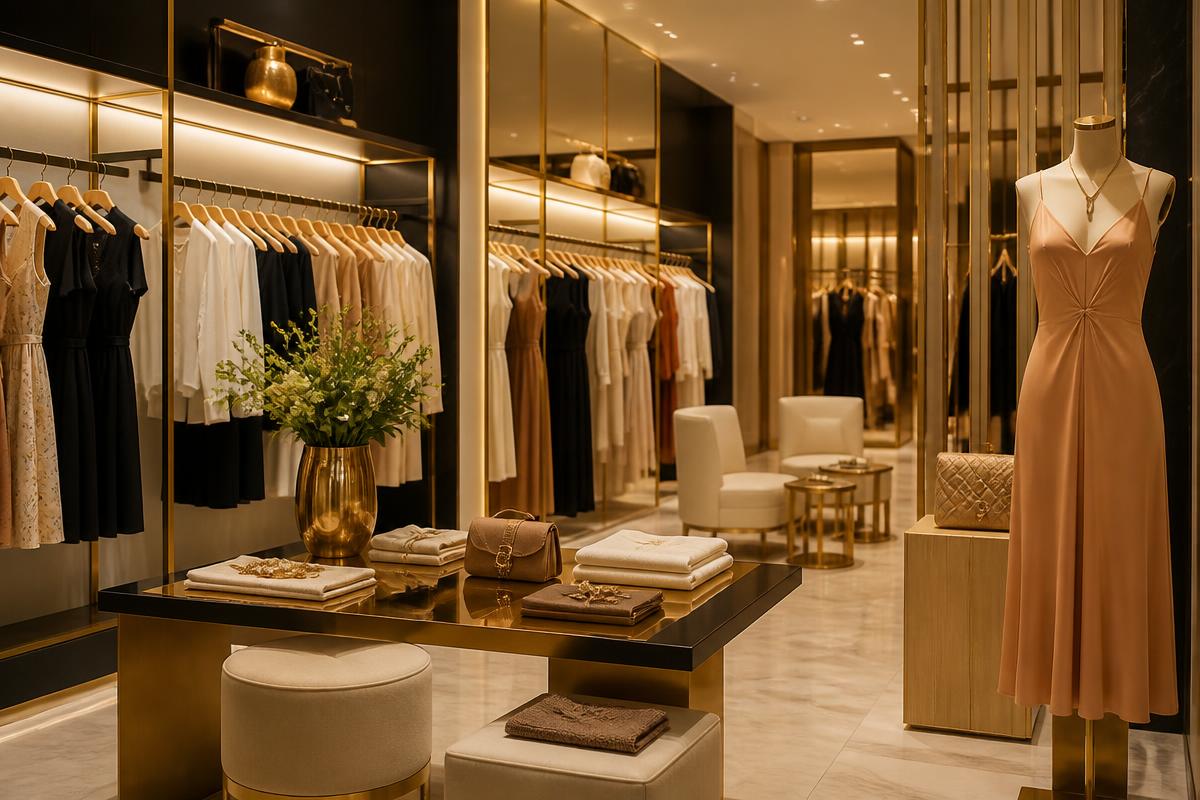 Interior da loja Zion Fashion com roupas elegantes